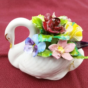 Royal Adderley Floral, White Swan with Delicate Flowers, Hand Painted Bone China Floral Arrangement in Swan, Miniature Floral Collectible