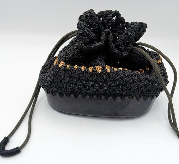 Crocheted Black Bucket Bag with Drawstring Closur… - image 1
