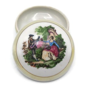 Vintage Porcelain Trinket Box, White Jewelry or Ring Box with Romantic Garden Scene,  CollectibleTrinket Box with Rounded Lid, trinket dish