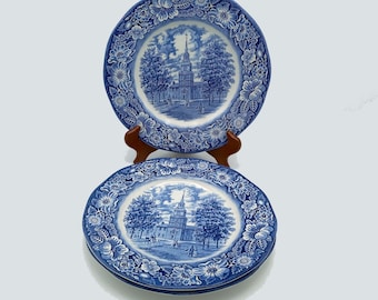 Independence Hall Souvenir Plate - Blue and White Staffordshire Ironstone Dinner Plates - Vintage Ironstone Liberty Blue 10" Dishes