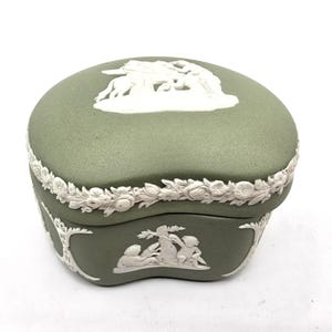 Wedgwood Jasperware Trinket Box: Pegasus & Muses, Sage Green Bean Shape Lidded Box
