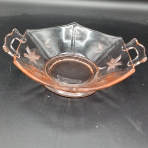 Pink Depression Glass Two Handled Candy Dish or Bowl - Six Sided Etched Pink Bowl - Light Pink Candy Dish or Gift Bowl