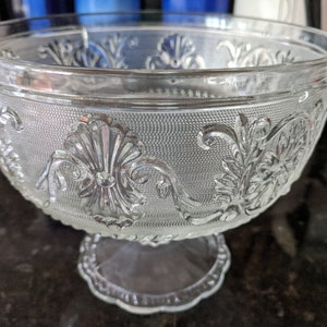 Vintage Pedestal Glass Candy Dish or Compote - Indiana Sandwich Glass Scroll and Flower Pattern, Heavy Dish for Trifles or Fruit Compote