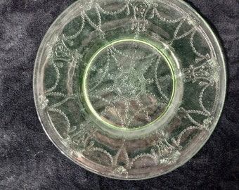 Two  Cameo Green Luncheon Plates by Anchor Hocking - Green Depression Glass Dishes - Clear Translucent Glass - Swags with Large Medallion