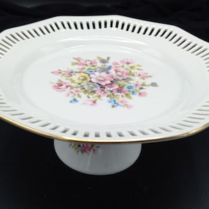 Reticulated Pedestal BonBon Dish, White Porcelain Gold Trim Serving Dish by Schwarzenhammer of Bavaria,  Pink Floral Center Dessert Serving