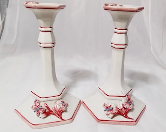 Stunning Pair of Vintage Italian Porcelain Candlesticks Candle holders - 7.75 inch Tall Candlesticks - White with Deep Rose Trim Butterflies