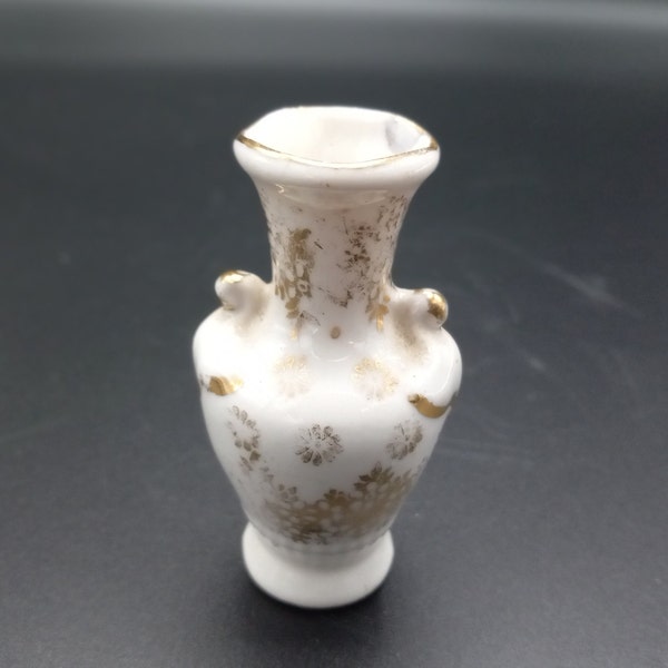 Antique Miniature 2.5 Inches Tall Egyptian or Grecian Urn Vase, White with Gold Hand Painted Trim - Antique 2- Handled Mini Vase