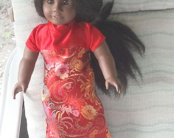 Red Gown of Sari Silk to fit the 18" Young Girl Doll.  Dress with Empire waist, Mandarin Collar, A "Play With Me" Creation