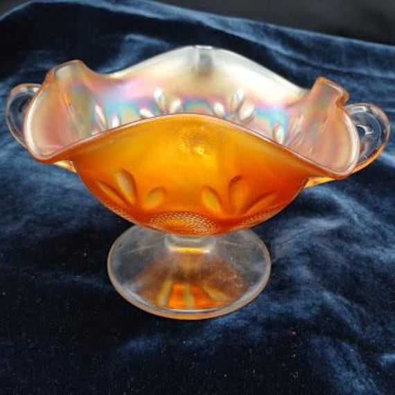 Vintage Amber Carnival Glass Candy Dish: Marigold Iridescent