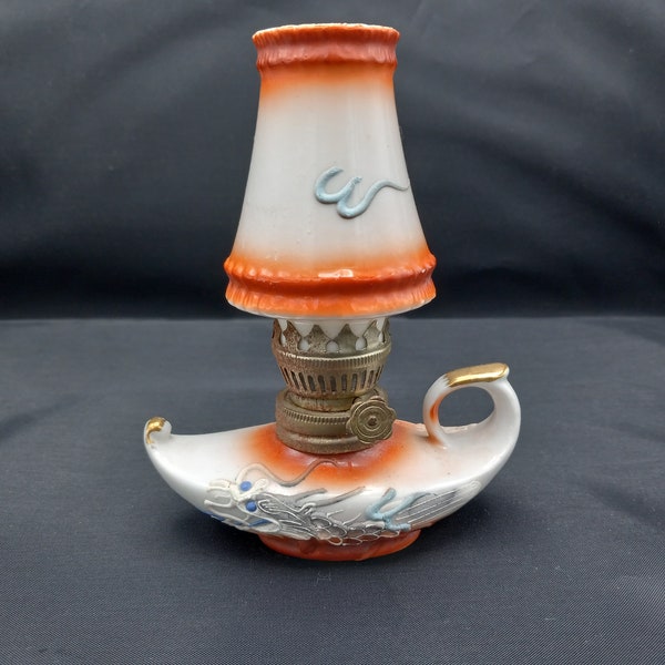 Vintage Miniature Aladdin Style Oil Lamp With Wick - Orange and White Ceramic Oil Lamp - 5.75" Oil Lamp with Gold Trim Dragon Theme