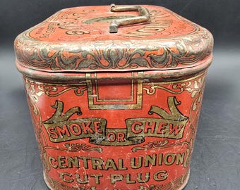 central union cut plug tobacco tin - - Metal Advertising Box - Turn of the Century - Well Worn - AGED Patina - Great Vintage Look Central Union Cut Plug Tobacco