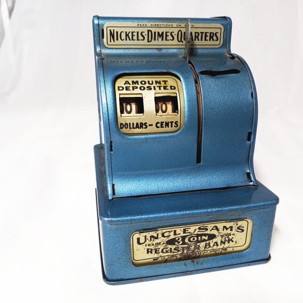 Uncle Sam's Metal Cash Register Bank, Vintage 1950s - Blue Metal Bank Made by Durable Toy and Novelty Corp, NJ - 3 Coin Locking Bank