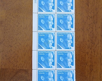 Robert F Kennedy 1979 US Stamps, 15 cent RFK Commemorative Stamps, Kennedy Profile on Blue, Vintage Plate Block Strip of 12 Mint Stamps