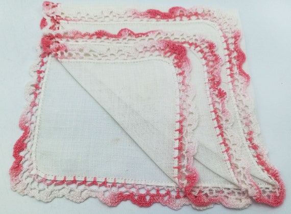 Pink Crocheted Edge Vintage Handkerchiefs, White … - image 5