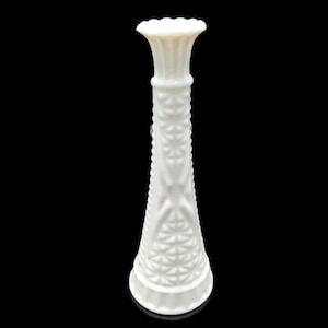Vintage Anchor Hocking 9&quot; Embossed White Milk Glass Bud Vase,  Stars and Bars Patterned Bud Vase, 1950s Milk Glass Bud Vase