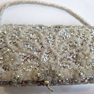 Antique Bon Soir Ivory and Silver Beaded and Sequined  Evening Purse -  Hand Beaded Antique Bag - Unique Evening Purse with Beaded Handle