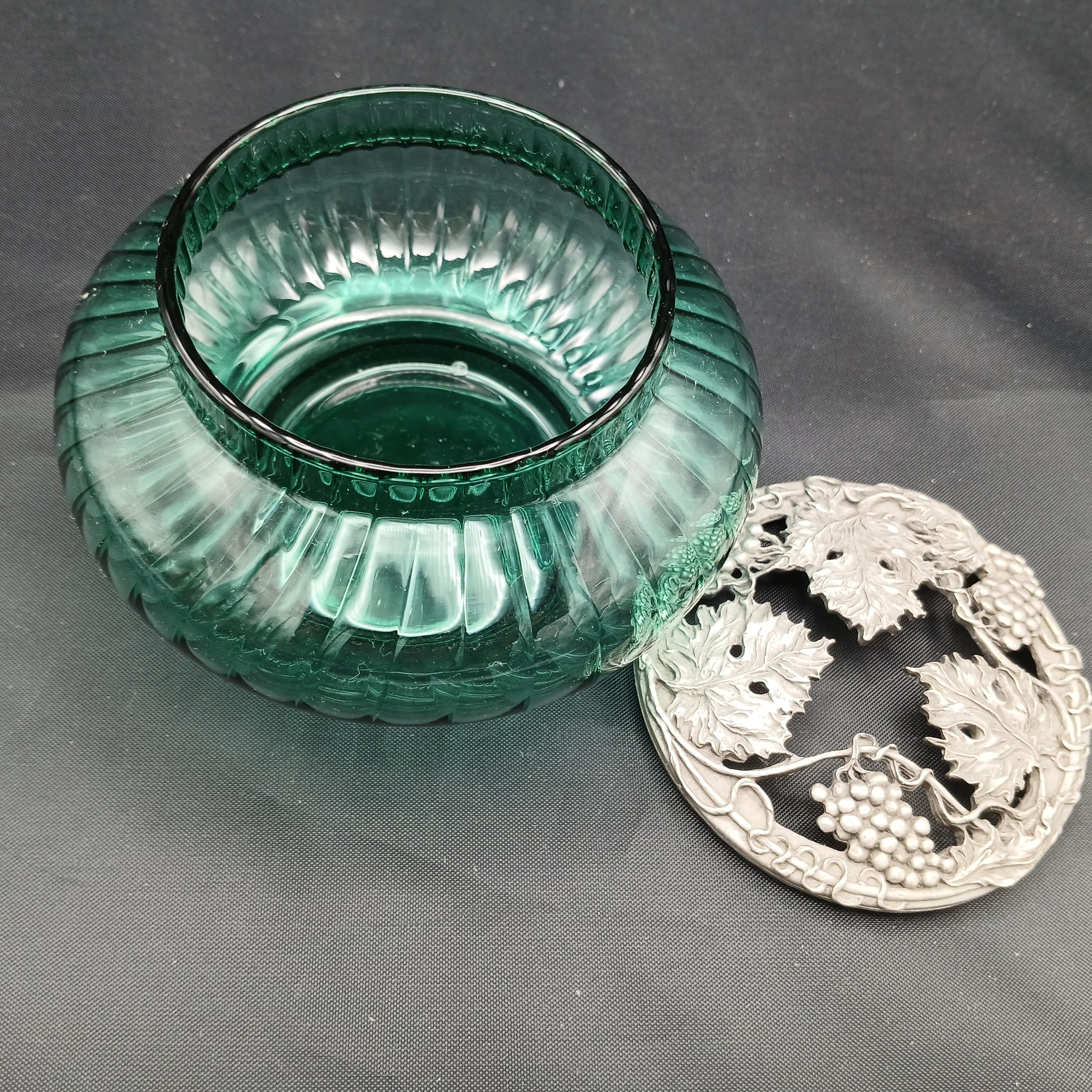 1991 Rawcliff Pewter and Glass Trinket Dish, Grapes and Leaves Lid