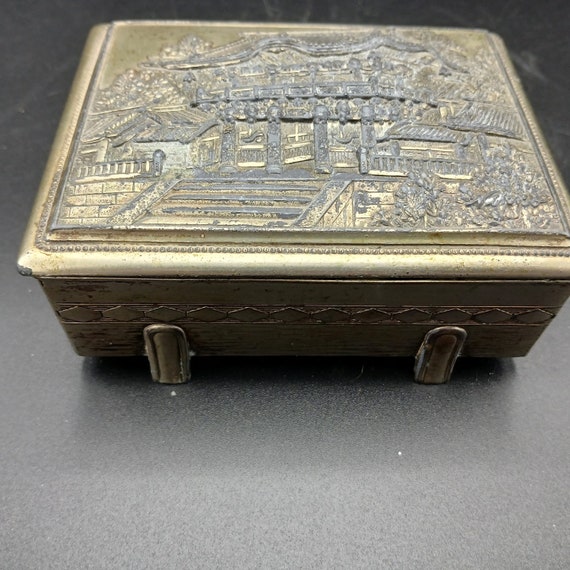 Antique Japanese Pagoda Footed Trinket Box, Brass Over Pot