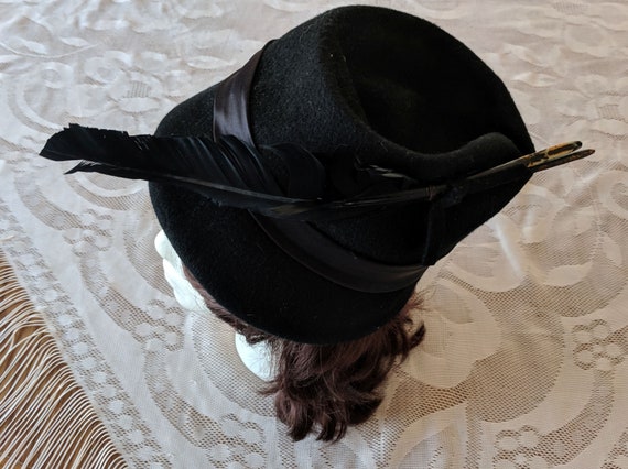 Vintage Black Wool Felt Hat with Feathers, Henry … - image 3