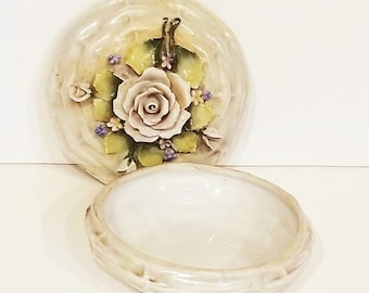 Vintage Ceramic Covered Trinket Dish Box - Sculpted Flowers on Shallow, Round Box - Ceramic Vanity Powder Box with Pink Roses