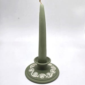 Vintage Wedgwood Jasperware Candlestick Holder and Candle: Cream on Sage Green Scroll Design