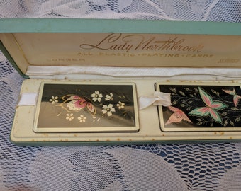 Vintage Playing Card Set -  Plastic Playing Cards - Two decks of all plastic cards in Blue Case - 1950s  Lady Northbrook Playing Cards