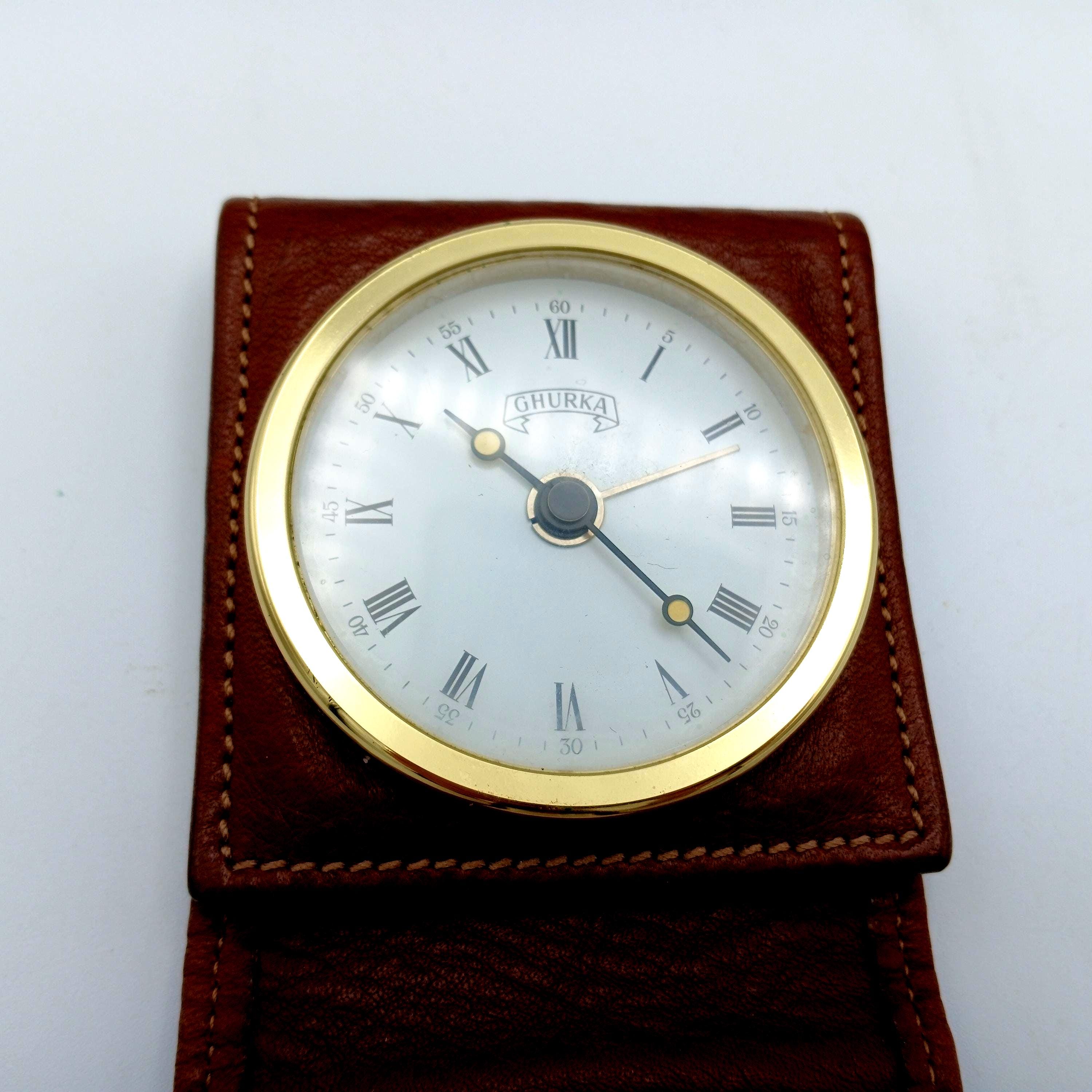 Rare Vintage Ghurka Travel Alarm Clock: Trifold Leather Case, Made