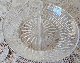 Vintage Clear Pressed Glass Divided Dish, Large Size Mid Century Dish