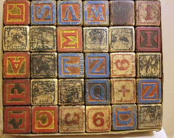 Antique Wooden Blocks in Original Box, Alphabet, Numbers, Pictures, 30 Square Wooden Blocks for Children's Play, Memorabilia