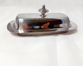 Chrome Lidded Butter Dish with Glass Insert, Quarter Pound Lidded Butter Dish, 1930s Chrome Butter Dish - 3 Piece Silver Toned Butter Dish