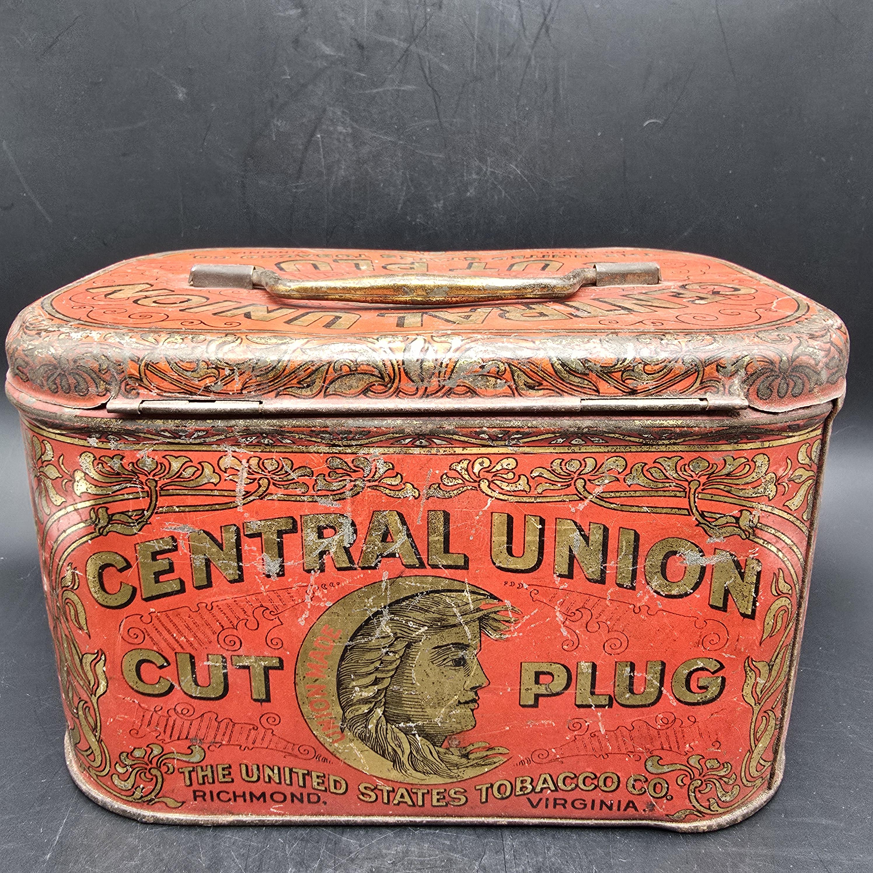 central union cut plug tobacco tin Central Union Cut Plug Tobacco Advertising Tin: Lunch Pail Style Tobacciana  Gift