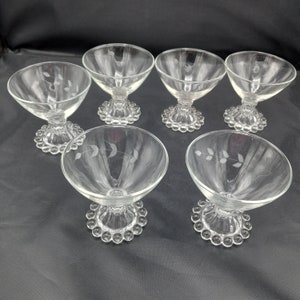 MCM Berwick-Boopie-Clear Glasses by Anchor Hocking, Champagne or Tall Sherbet Glasses, Set of Six Ball Design on Pedestal Etched Glasses