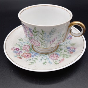 HAVILAND &quot;Rock Garden&quot; Demitasse Cup & Saucer Set - Footed Demitasse Set, Mid Century China - Gold Trim, Smooth Edge Vintage Haviland France