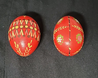 Wood Hand Painted Easter Eggs, Eastern European Style Hand Painted Eggs - Two Red and Yellow Wooden Eggs