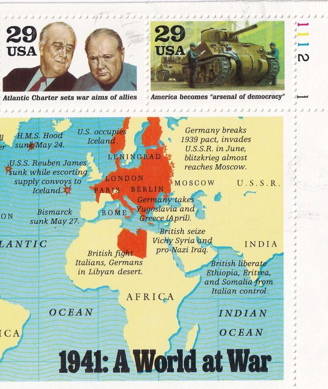 第二次世界大戦、1941年: 世界は戦争状態に - USPS記念郵便切手 - 地図