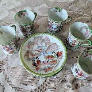 Japanese Porcelain Hot Chocolate Cups and Tiny Dessert Plates - Pre-WWII Antique - Ornately Painted Delicate Geisha Nippon With Gold Accents