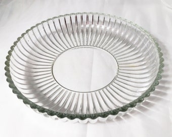 Large Glass Serving Bowl, Pasta, Salad, Fruit Serving Bowl, 12" Round Shallow Straight Sided Ribbed Bowl, Vintage Service Dinnerware.