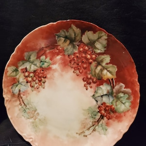 Antique Porcelain Cabinet Plate made by Haviland France, Dated &quot;September 1906&quot;.  Beautifully Decorated Plate Red Berries and Grape Leaves
