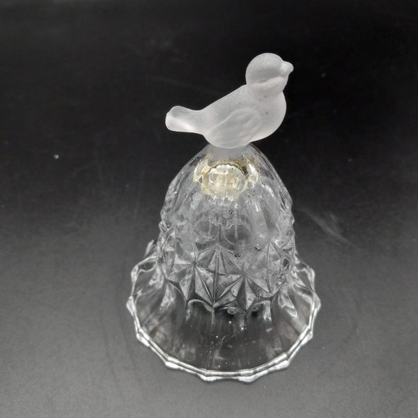 Frosted Glass Bird Atop Faceted Crystal Clear Bell, The Byrdes Collection by Hofbauer, Clear and Multifaceted Crystal Bell, Bird Dinner Bell