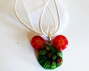 Vintage Millefiori Micky Mouse Pendant Necklace with Cord and Ribbon Necklace - Gift for Her