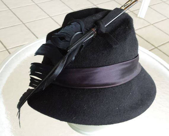 Vintage Black Wool Felt Hat with Feathers, Henry … - image 1