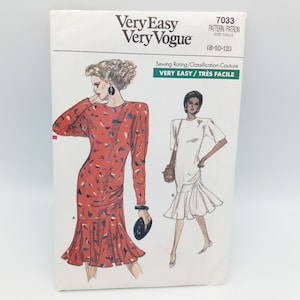Very Easy Very Vogue Dress Pattern No 7033 Size 8-12, Basic Fit and Below Hip Flared Dress, Various Sleeve Options, Misses Size 8-12 Pattern