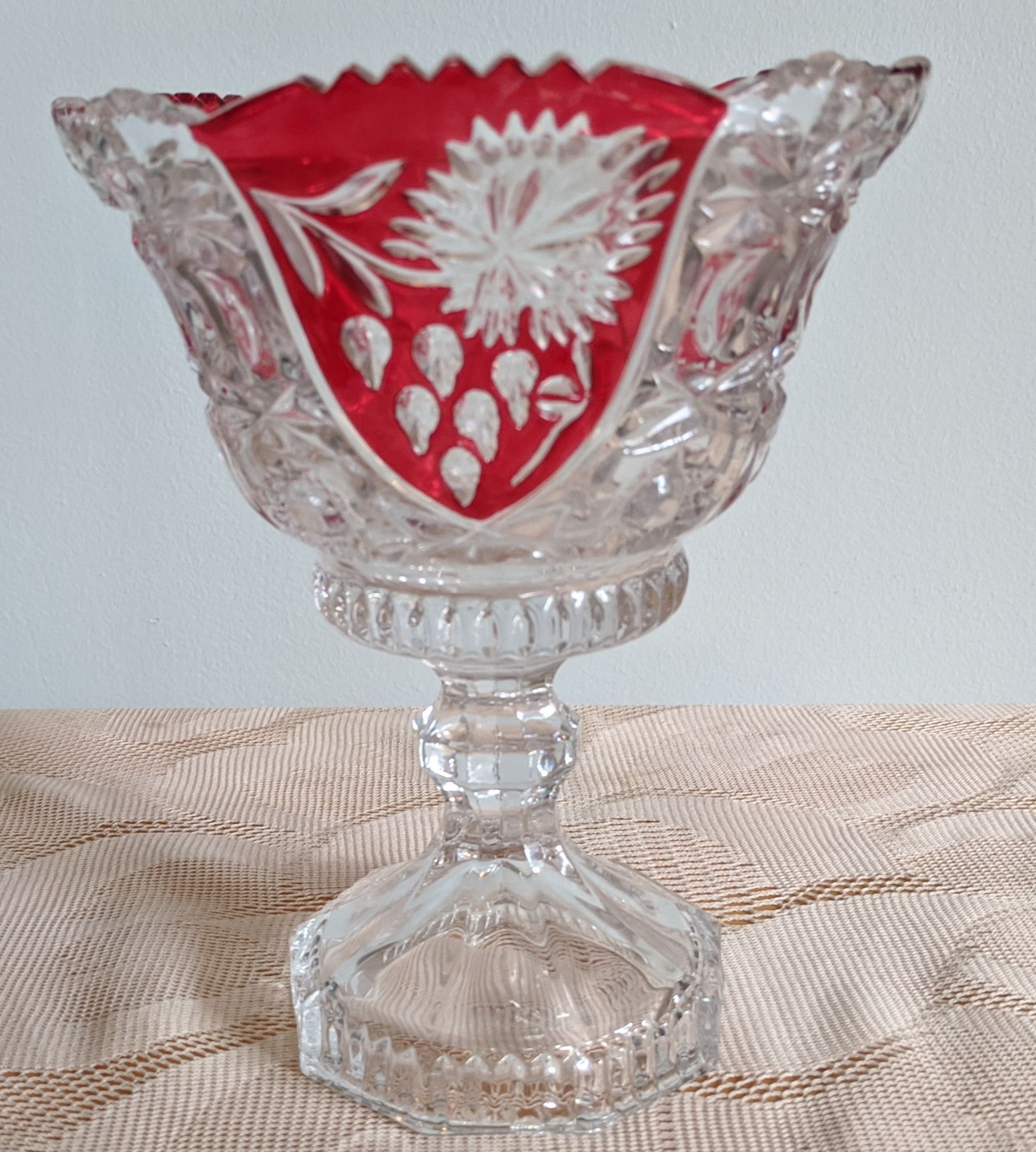 Ruby Red and Clear Glass Candy Dish, Compote Dish on Octagon Pedestal ...