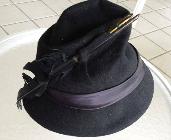 Vintage Black Wool Felt Hat with Feathers, Henry … - image 7