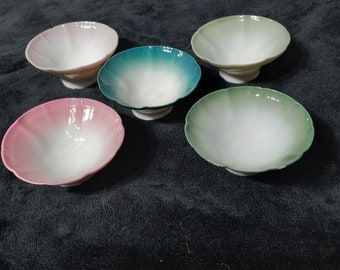 Five Japanese Porcelain Dipping, Condiment or Sauce Dishes - Salt Cellars Salt Dips -  Small White with Pink Rose Green Teal Shallow Bowls