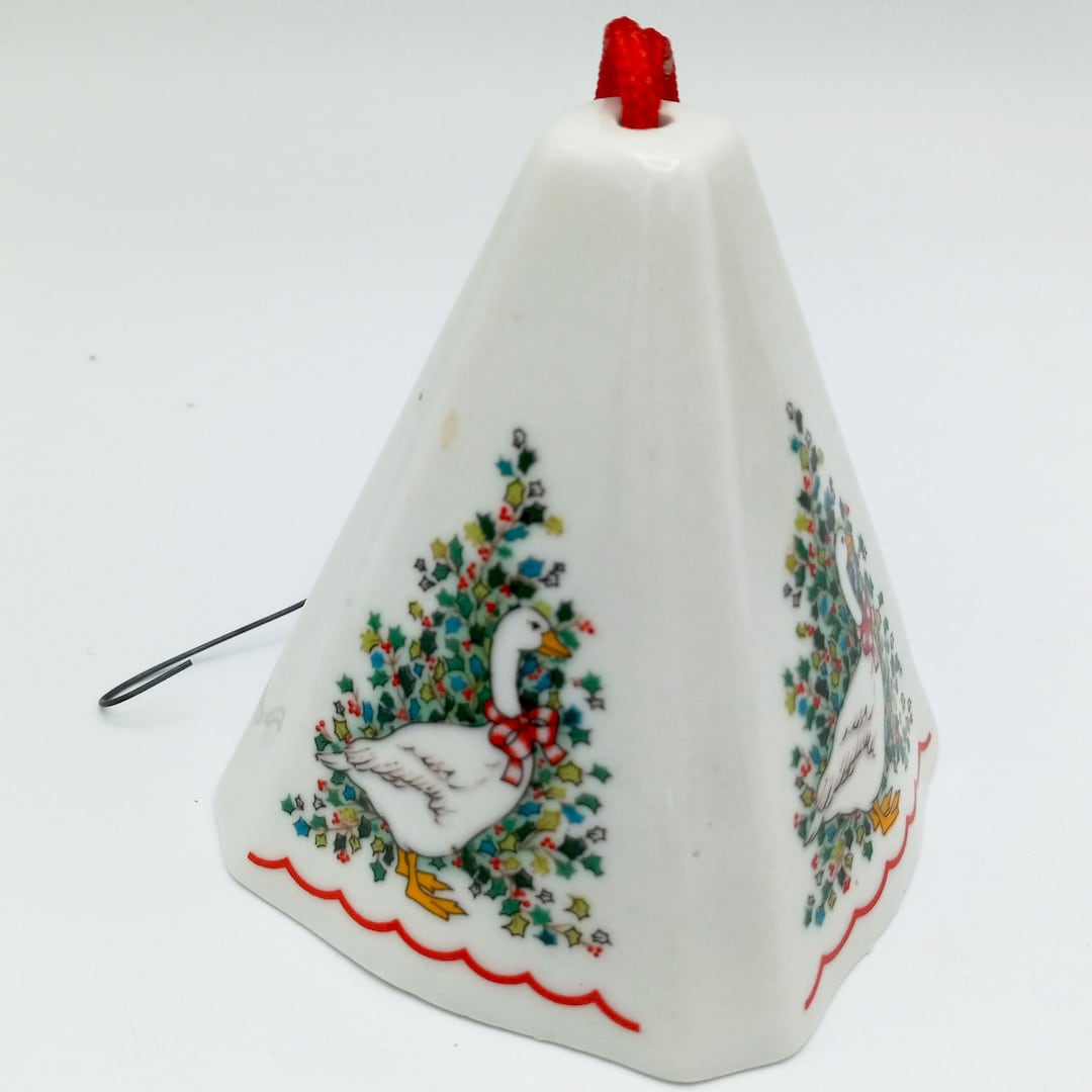 Ceramic Christmas Bell Ornament, Vintage Christmas Tree and Goose