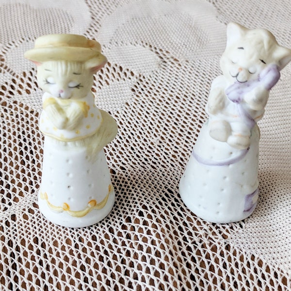 Porcelain Thimbles with Kittens - "Feline Feelin's" Collectibles by AVAA, Inc. - Henco 1986 - Set of two Vintage Thimbles