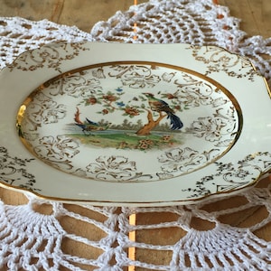 Vintage Atlas China Square Decorator Plate Peacocks, Exotic Birds 22 Karat Gold Accents and Trim