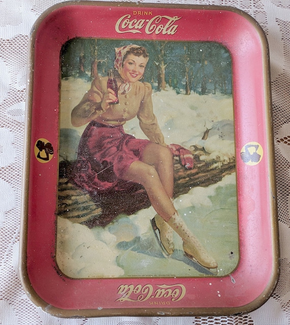 アンティーク品 コカ・コーラトレイ① アンティーク 1941 コカコーラ メタルトレイ、アイススケートを