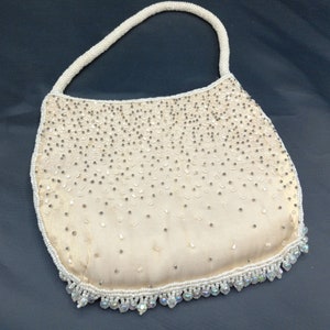 Ivory Vintage Beaded and Crystal  Embellished Evening Purse -  Hand Beaded Bag by Vanessa - Unique Evening Clutch Purse with Beaded Handle